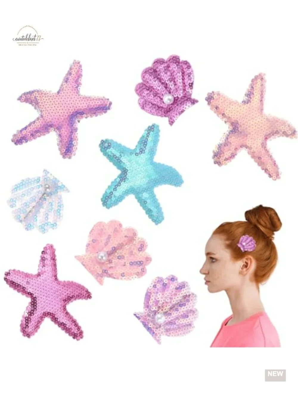 8pcs Glitter Seashell Hair Clip Set, Starfish Hair Accessories for Women Girls